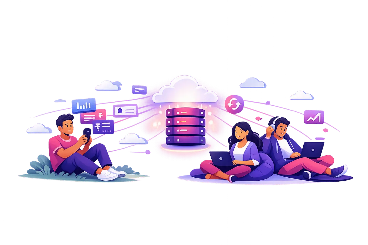 FinlyticZ team working from anywhere — phones and laptops syncing live with Tally data in the cloud