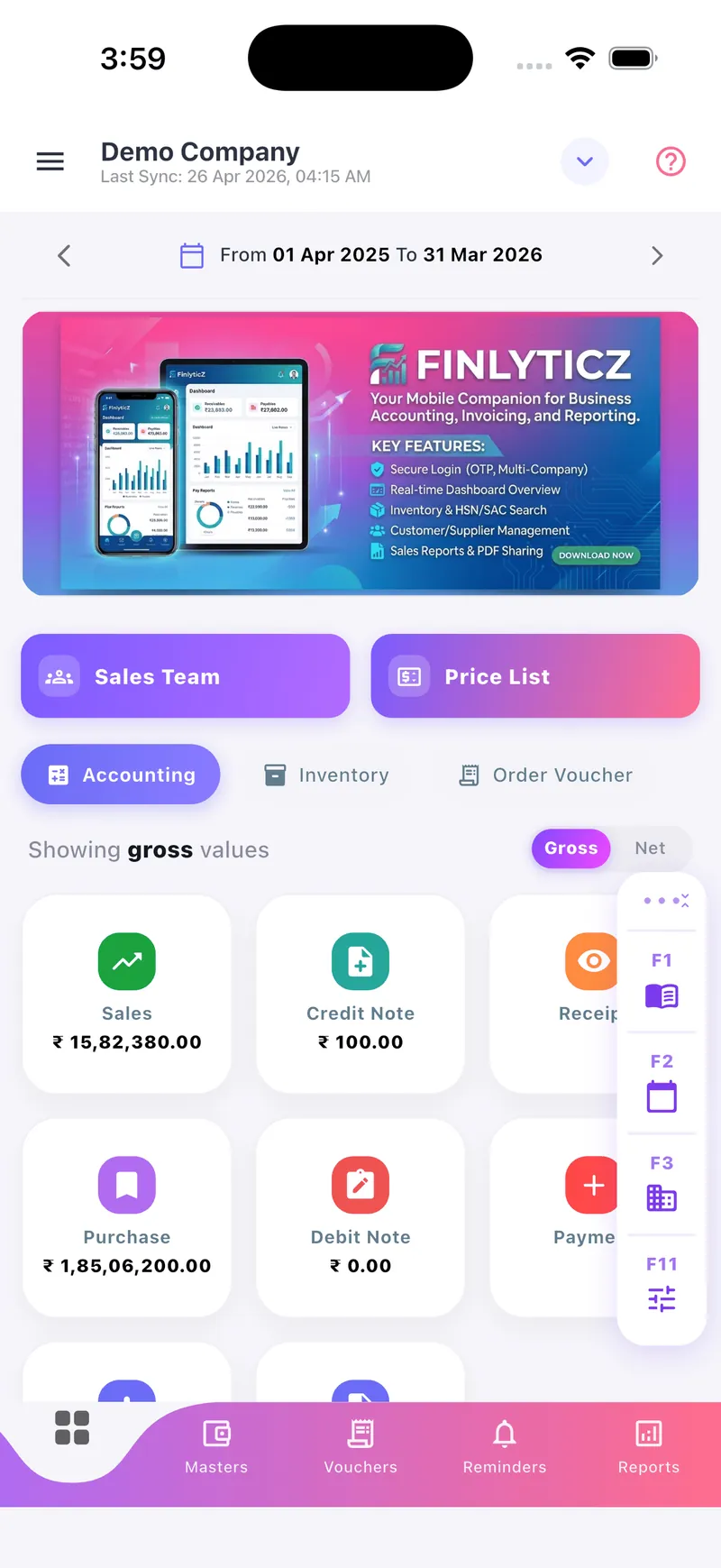 FinlyticZ mobile app dashboard showing real-time Tally financial insights, outstanding payments, and cash flow on a smartphone