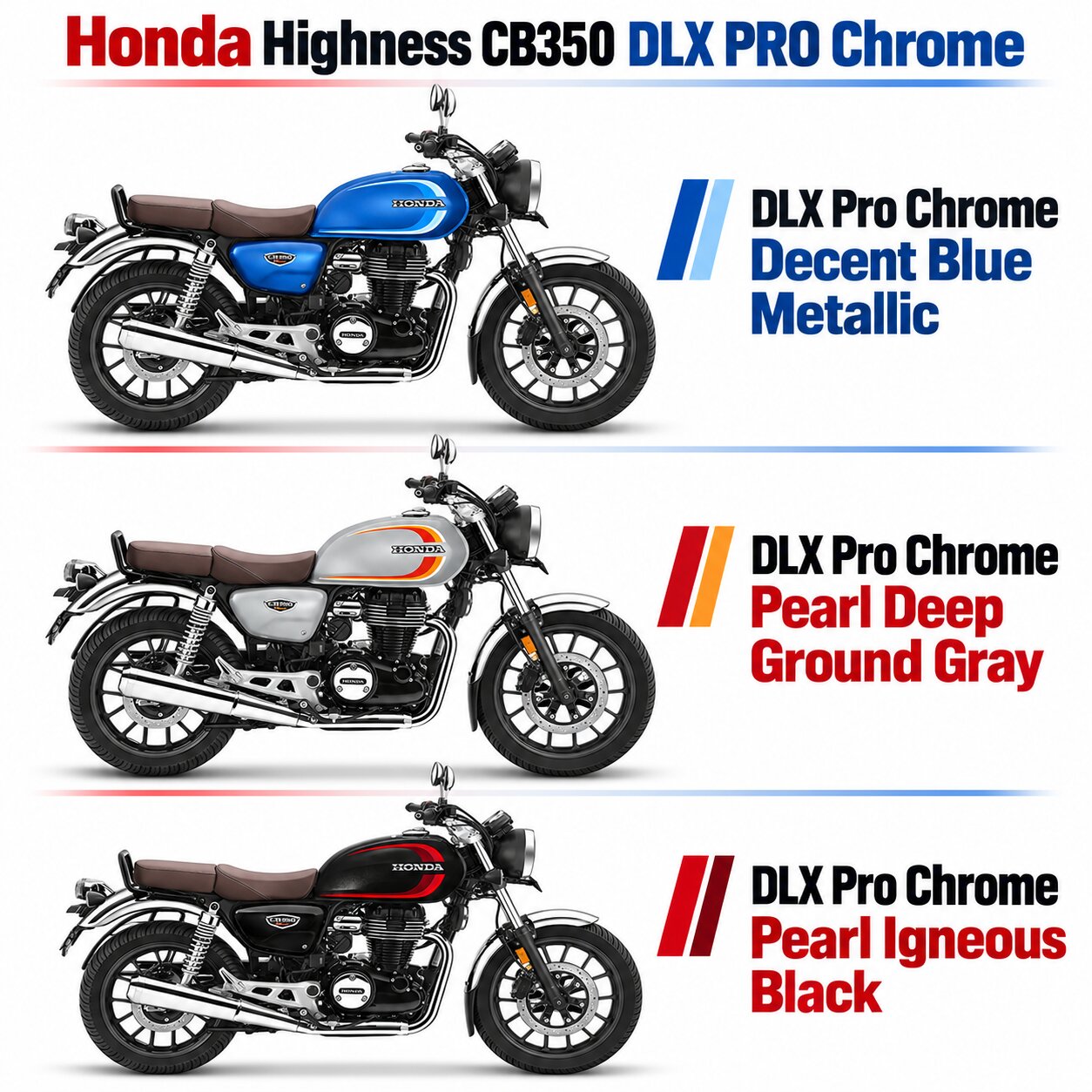 Honda Highness CB350 DLX PRO Chrome Colour Options