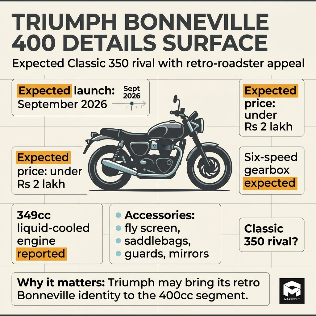 Triumph Bonneville 400 expected launch price specs infographic