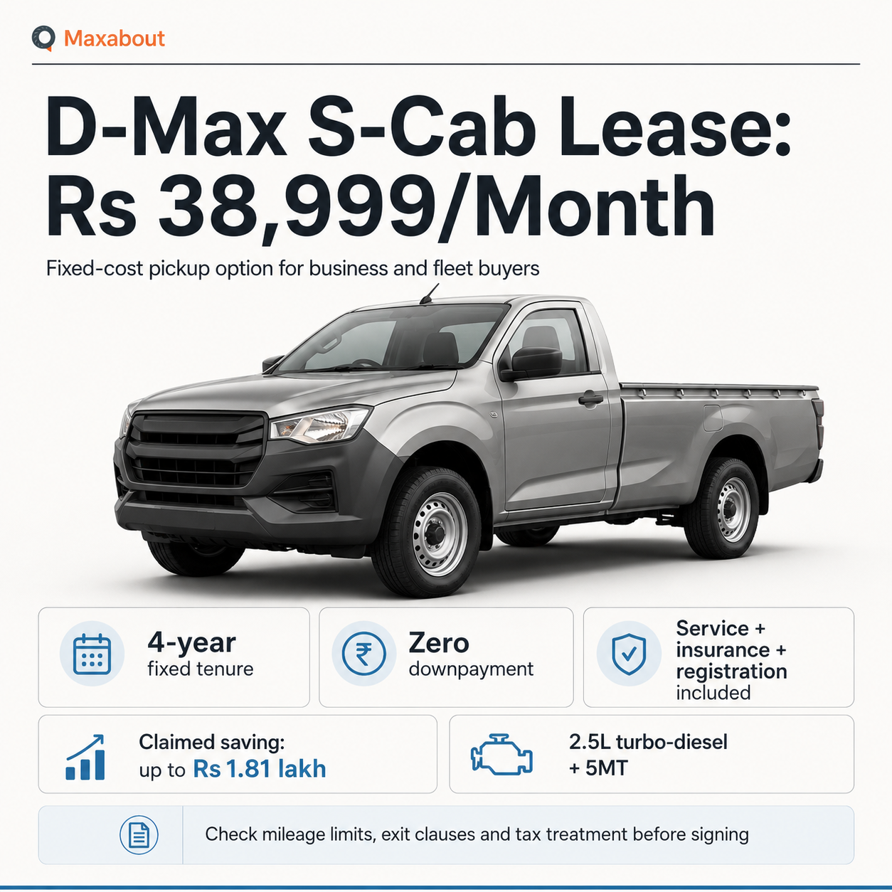 Isuzu D-Max S-Cab Rs 38999 monthly lease infographic