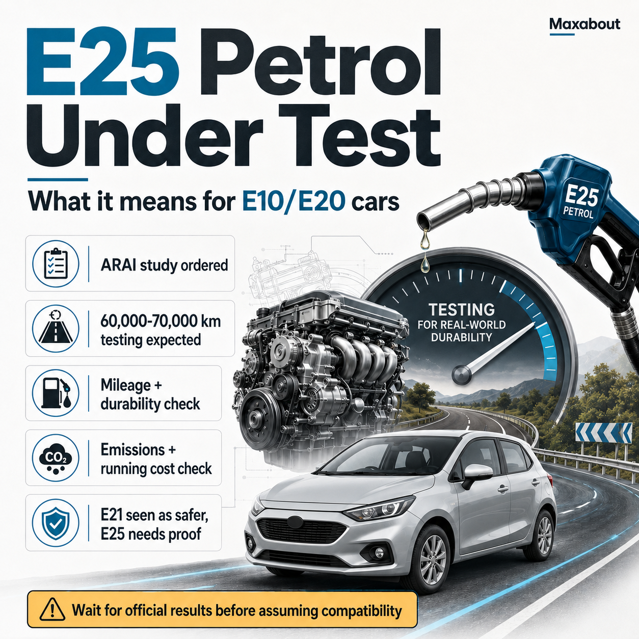 E25 petrol under test infographic explaining ARAI study and owner impact