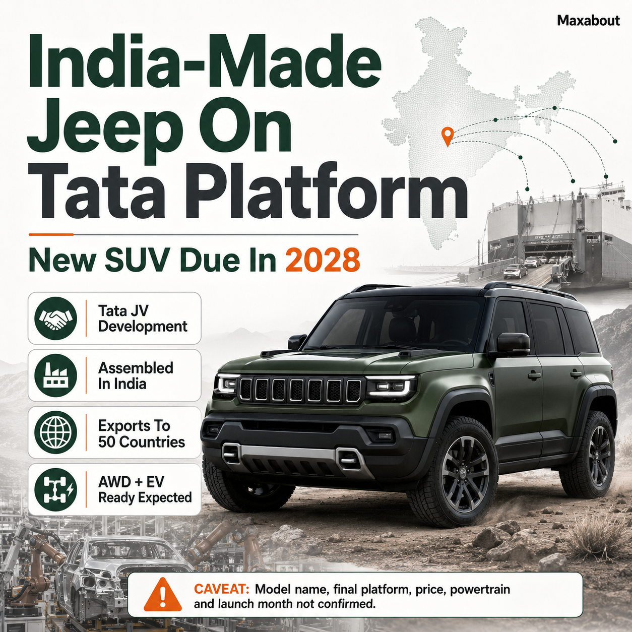 India-made Jeep on Tata platform infographic showing 2028 timing and export plan