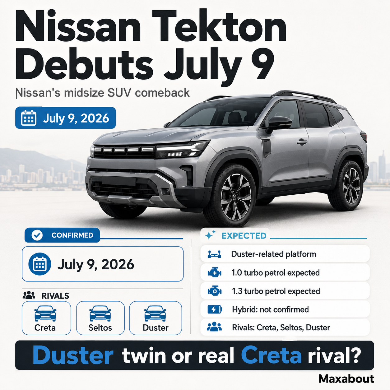 Nissan Tekton July 9 debut infographic with expected engine and rival details