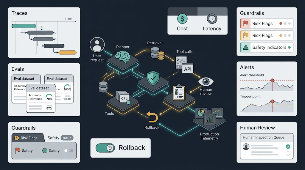 AI agent observability workflow showing traces evaluations guardrails alerts and rollback controls