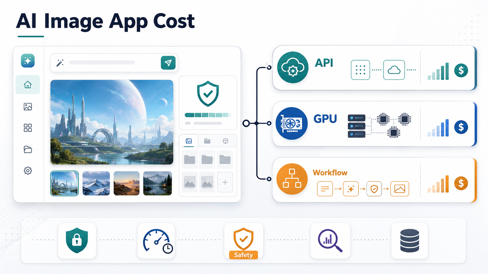 Stable Diffusion app development cost map showing API GPU workflow and safety budget lanes