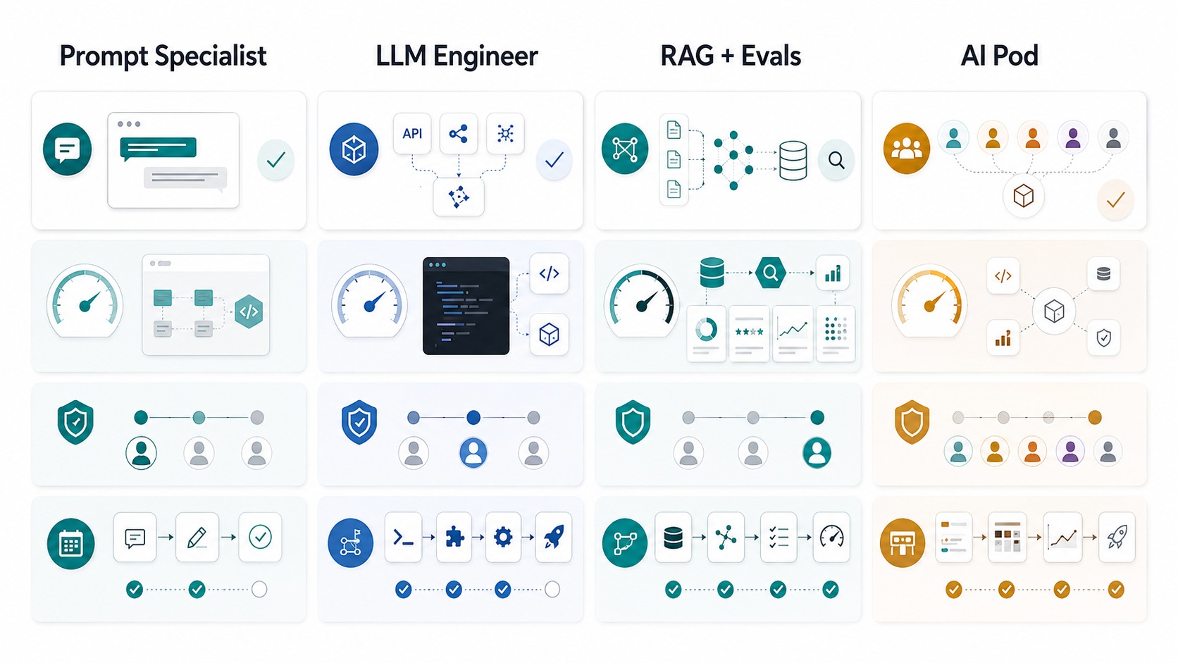 Hiring matrix comparing prompt specialist, LLM engineer, RAG evaluation engineer, and managed AI product pod options