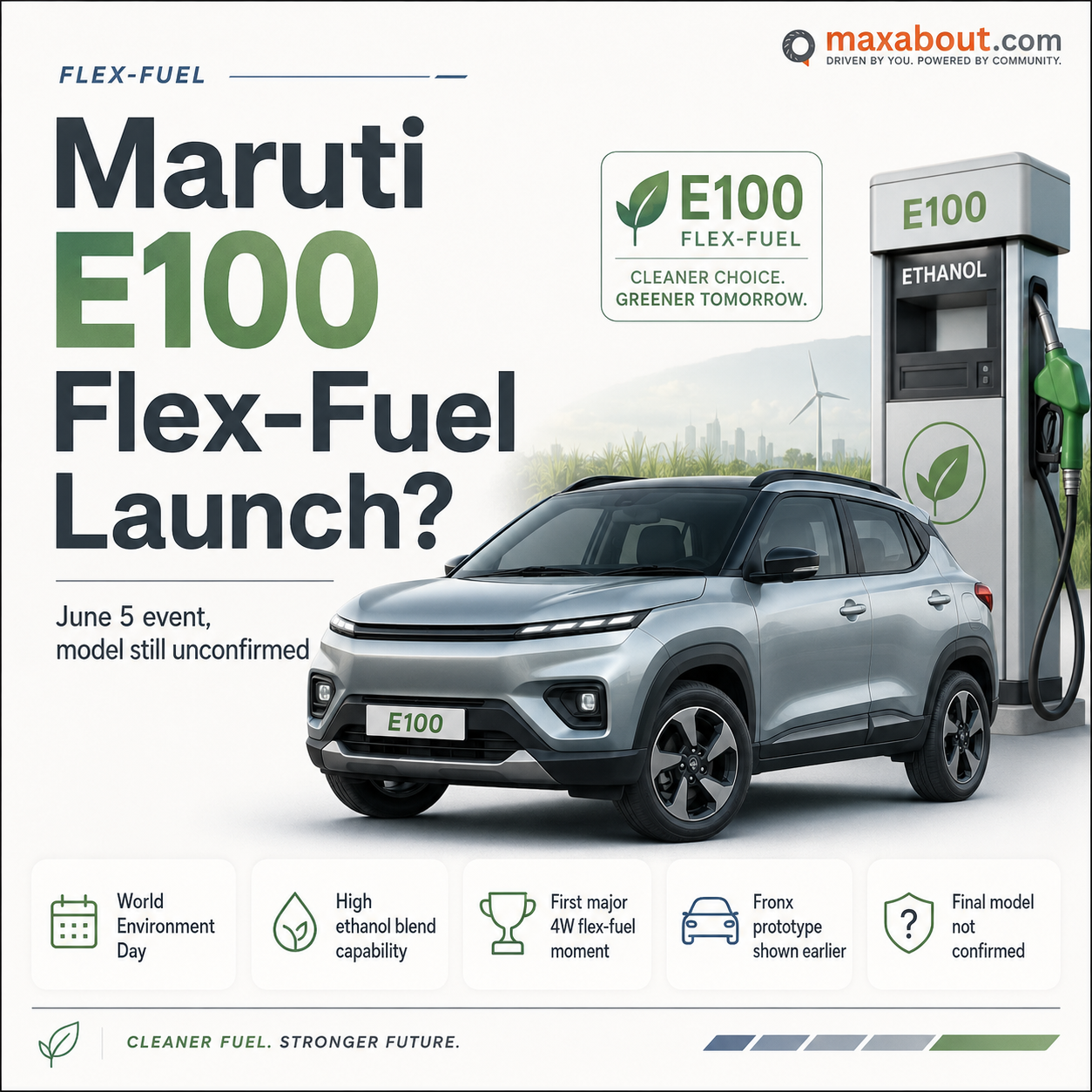 Maruti E100 flex fuel car explainer infographic