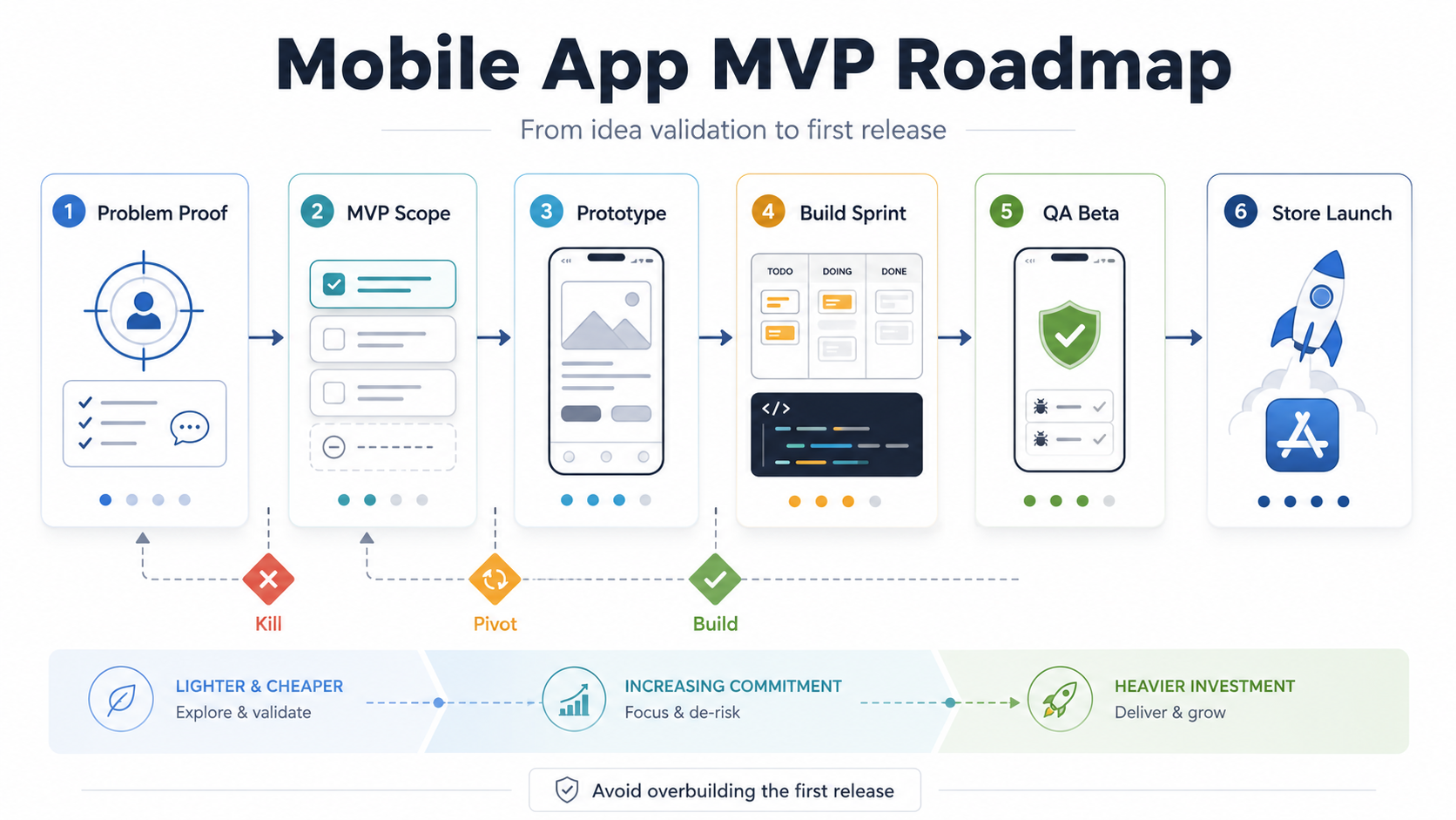 Mobile app MVP roadmap from problem proof through MVP scope, prototype, build sprint, QA beta, and store launch