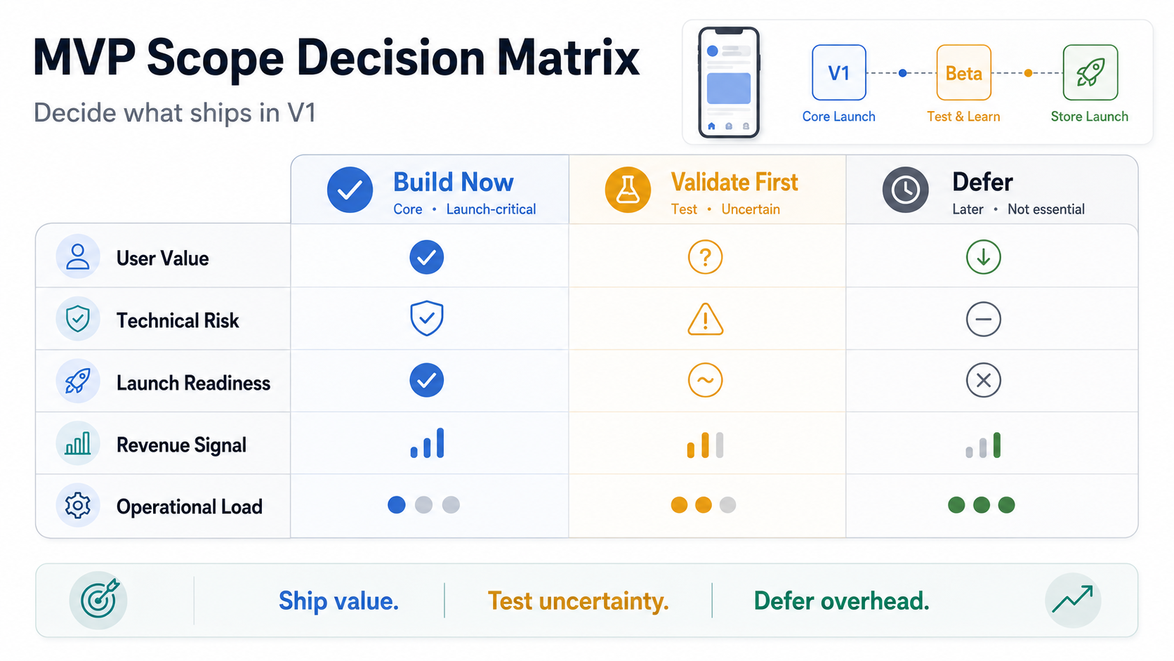 MVP scope decision matrix for a mobile app showing build now, validate first, and defer decisions across user value, technical risk, launch readiness, revenue signal, and operational load