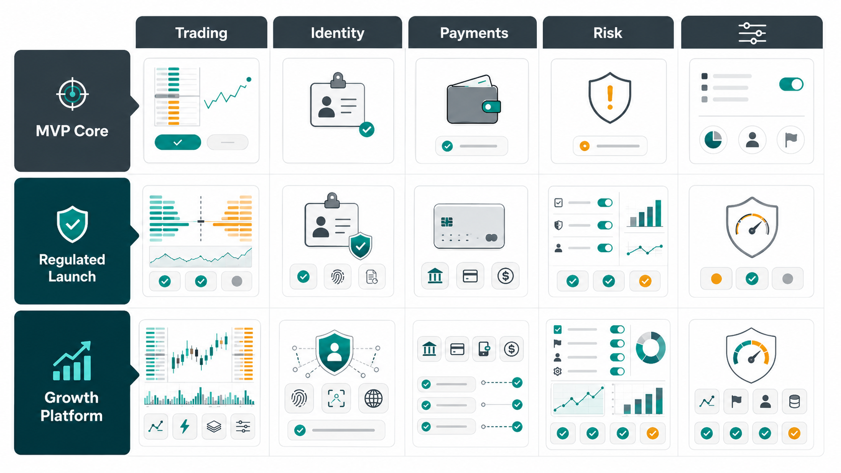 Prediction market MVP scope matrix comparing MVP core, regulated launch, and growth platform work across trading, identity, payments, operations, and risk