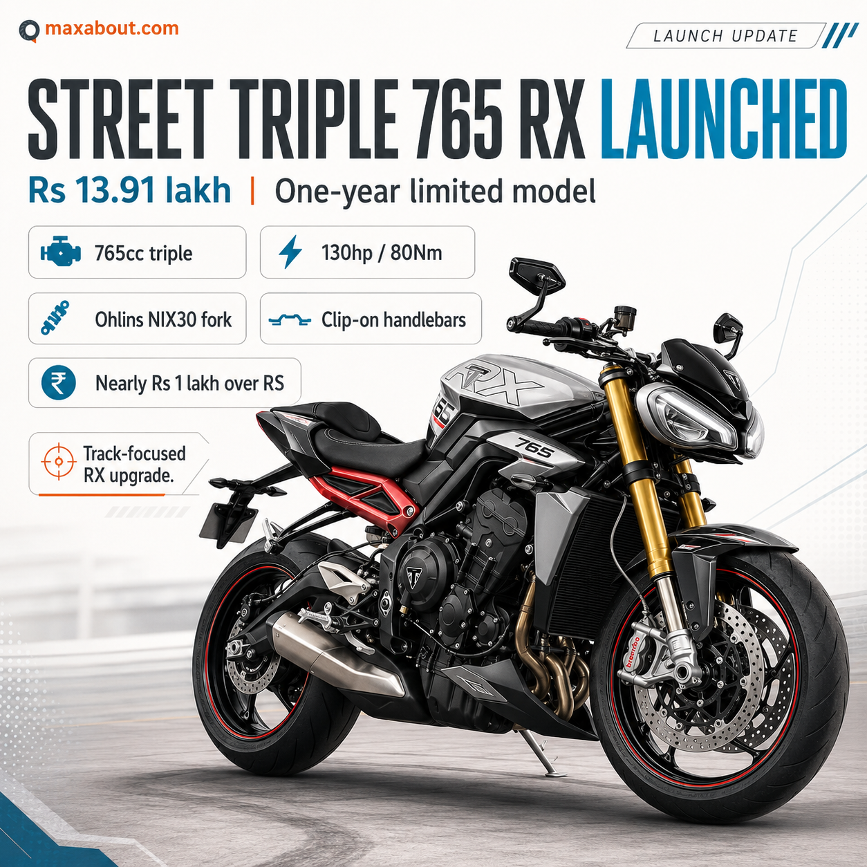 Triumph Street Triple 765 RX price and specs infographic