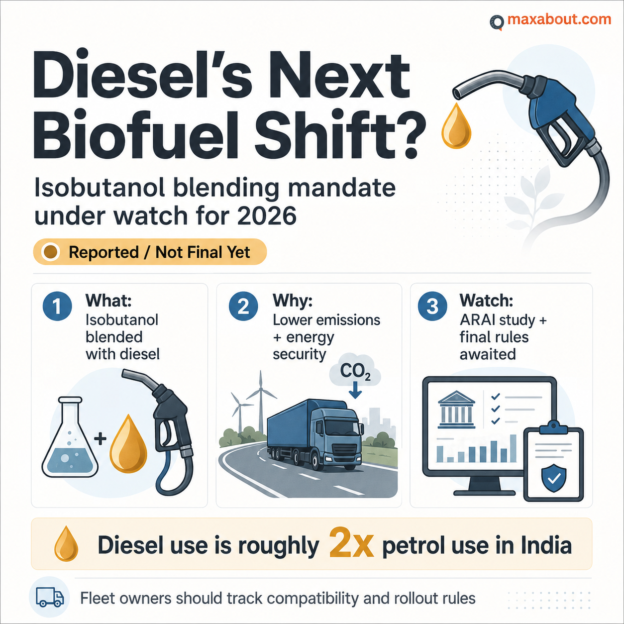 isobutanol diesel blending India explainer infographic