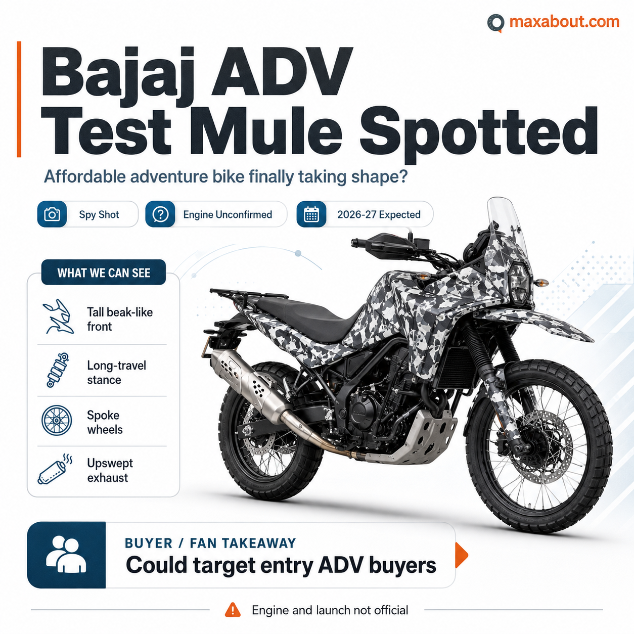 Bajaj ADV test mule infographic with engine and launch uncertainty