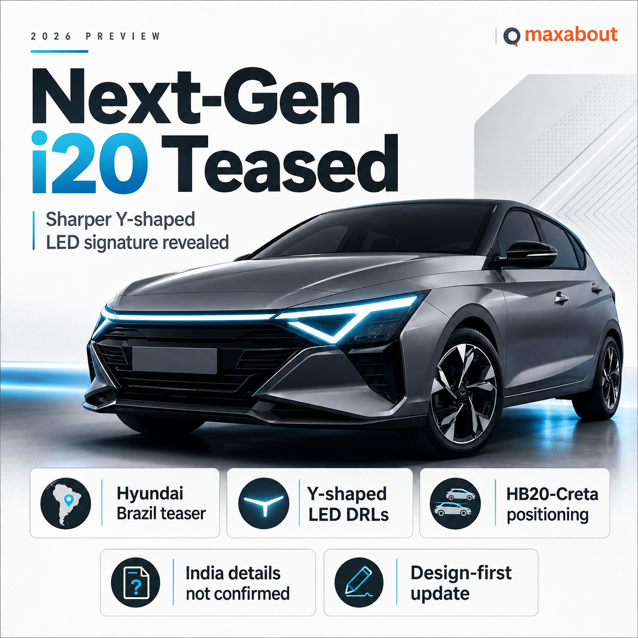 next-gen Hyundai i20 infographic explaining Y-shaped LED DRLs and India uncertainty
