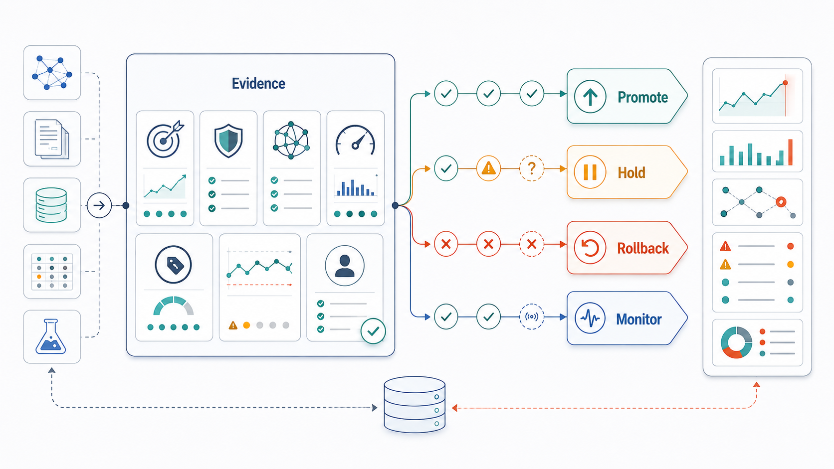 AI release gate board with promote, hold, rollback, monitor, evidence cards, and production feedback loop