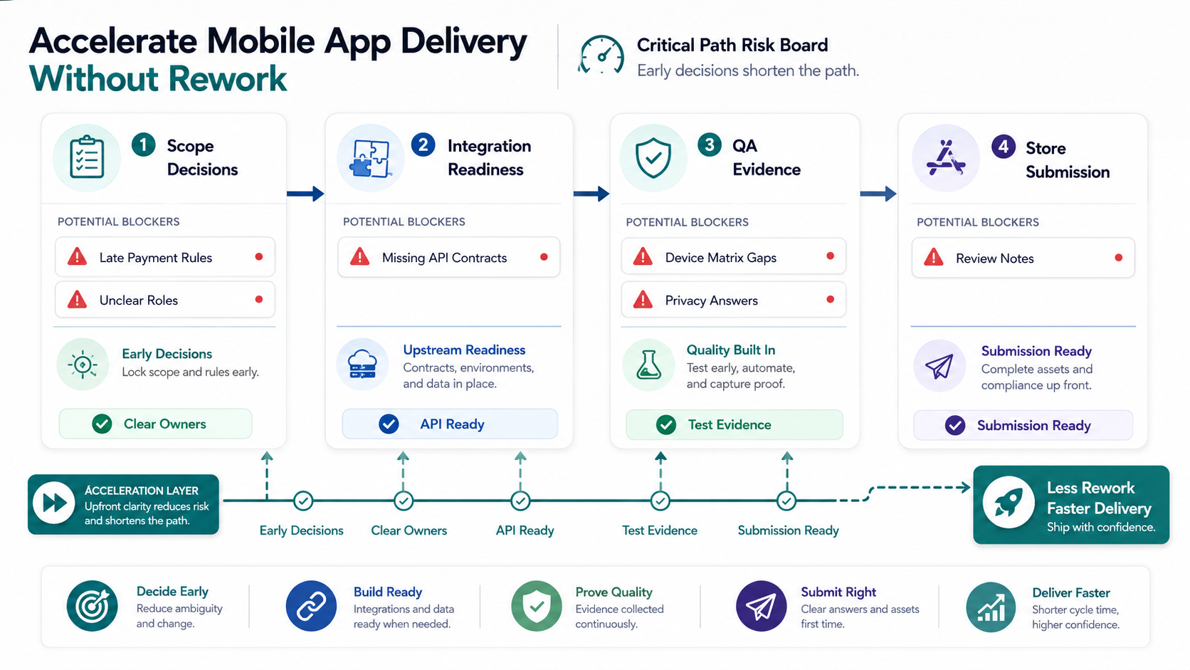 Mobile app delivery critical path board showing blockers around scope decisions, integration readiness, QA evidence, and store submission