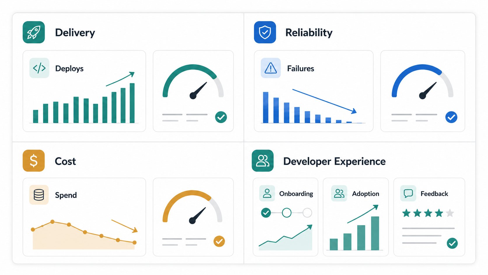 Platform engineering scorecard balancing delivery, reliability, cost, and developer experience metrics
