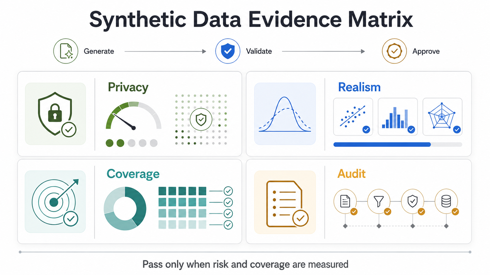Synthetic data evidence matrix showing privacy, realism, coverage, and audit checks before release approval