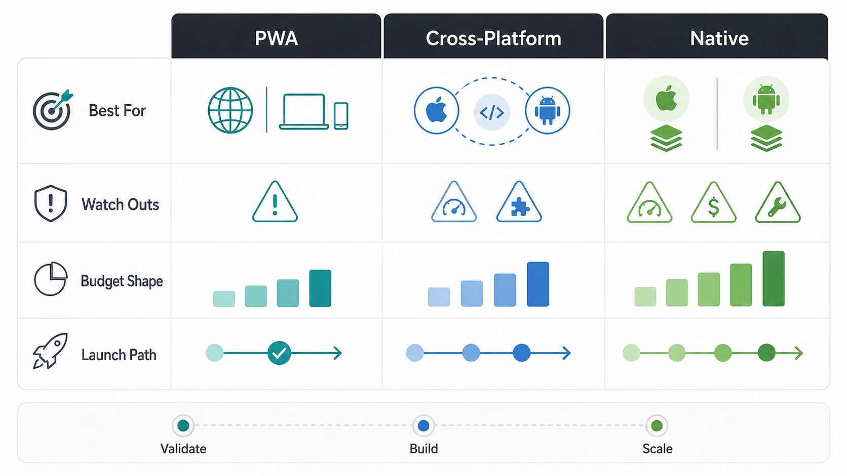 PWA cross-platform and native app decision matrix for best fit, watch outs, budget shape, and launch path