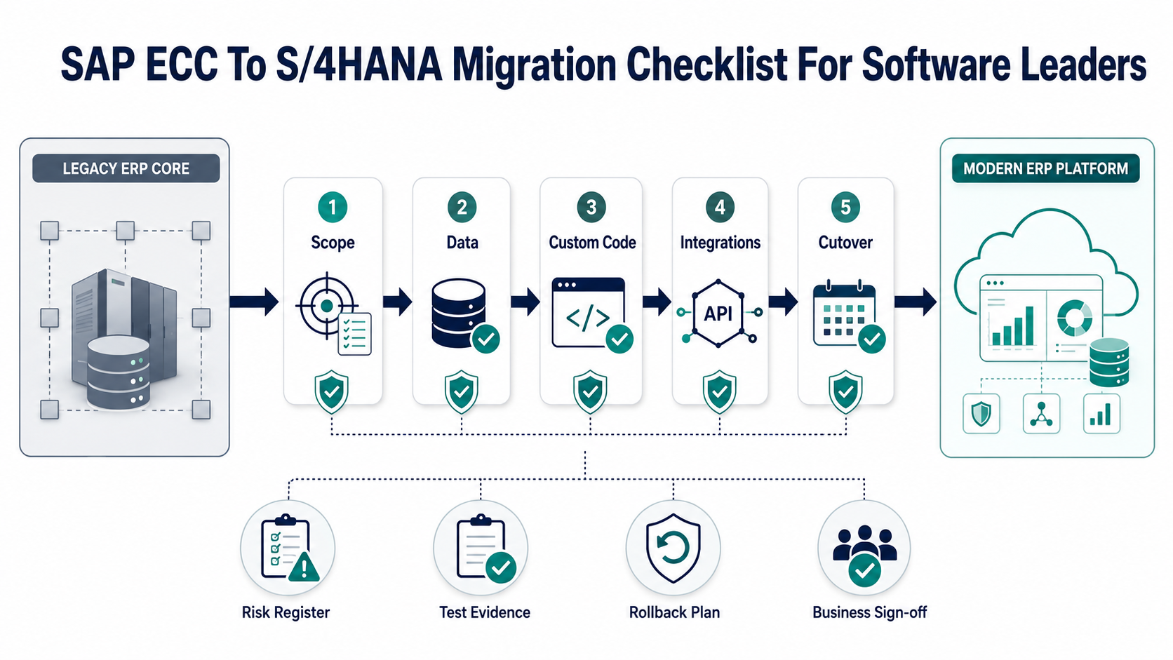 SAP ECC to S/4HANA migration readiness map showing scope, data, custom code, integrations, and cutover gates
