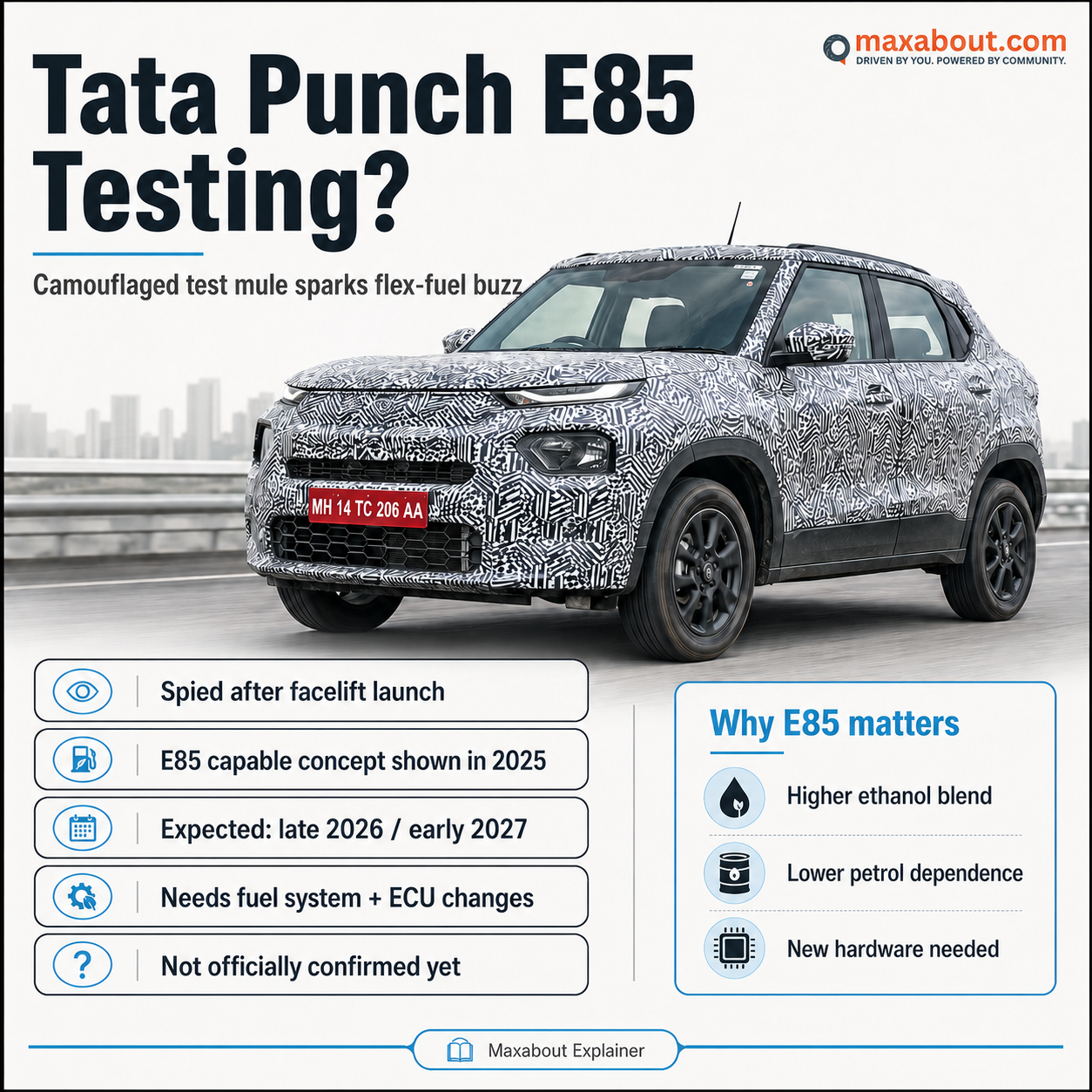 Tata Punch E85 flex fuel infographic explaining reported test mule and hardware changes