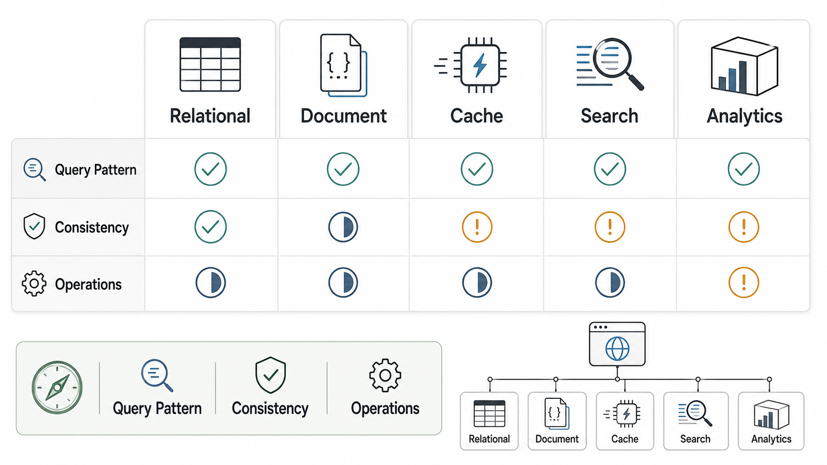Database comparison matrix for web applications showing relational, document, cache, search, analytics, query pattern, consistency, and operations