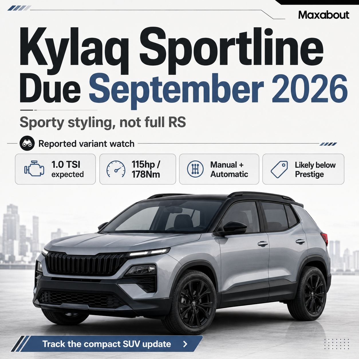 Skoda Kylaq Sportline expected 1.0 TSI compact SUV infographic