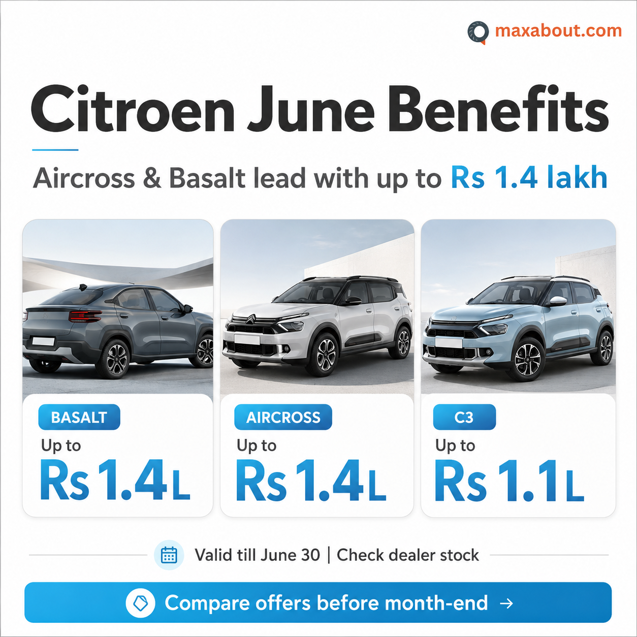 Citroen Aircross Basalt and C3 June 2026 benefits infographic