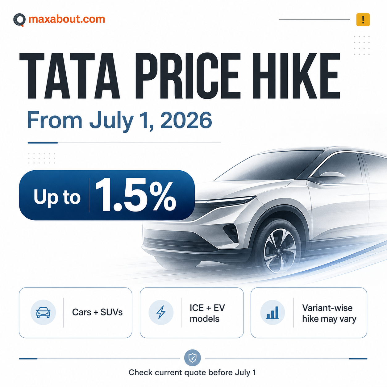 Tata car SUV and EV price hike infographic from July 1 2026