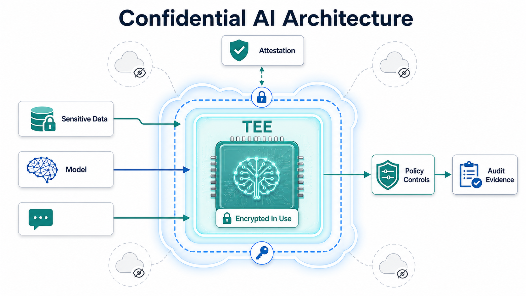 Confidential AI architecture showing sensitive data, model, trusted execution environment, attestation, encrypted-in-use boundary, policy controls, and audit evidence