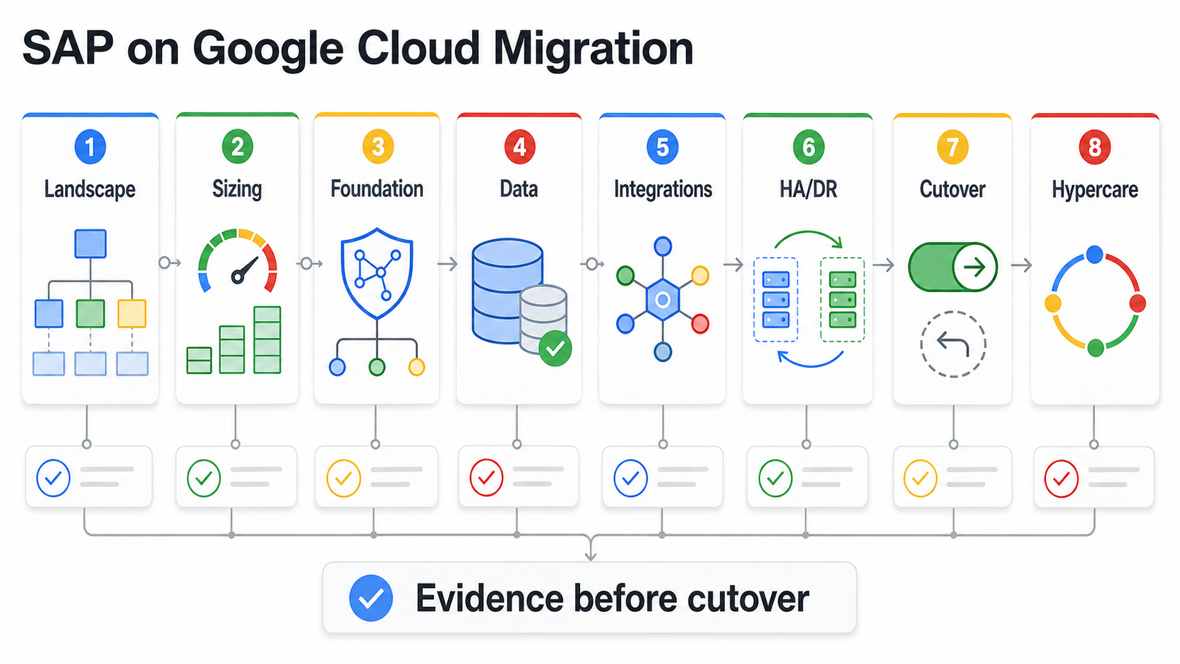 SAP on Google Cloud migration checklist infographic showing landscape, sizing, foundation, data, integrations, HA/DR, cutover, and hypercare stages