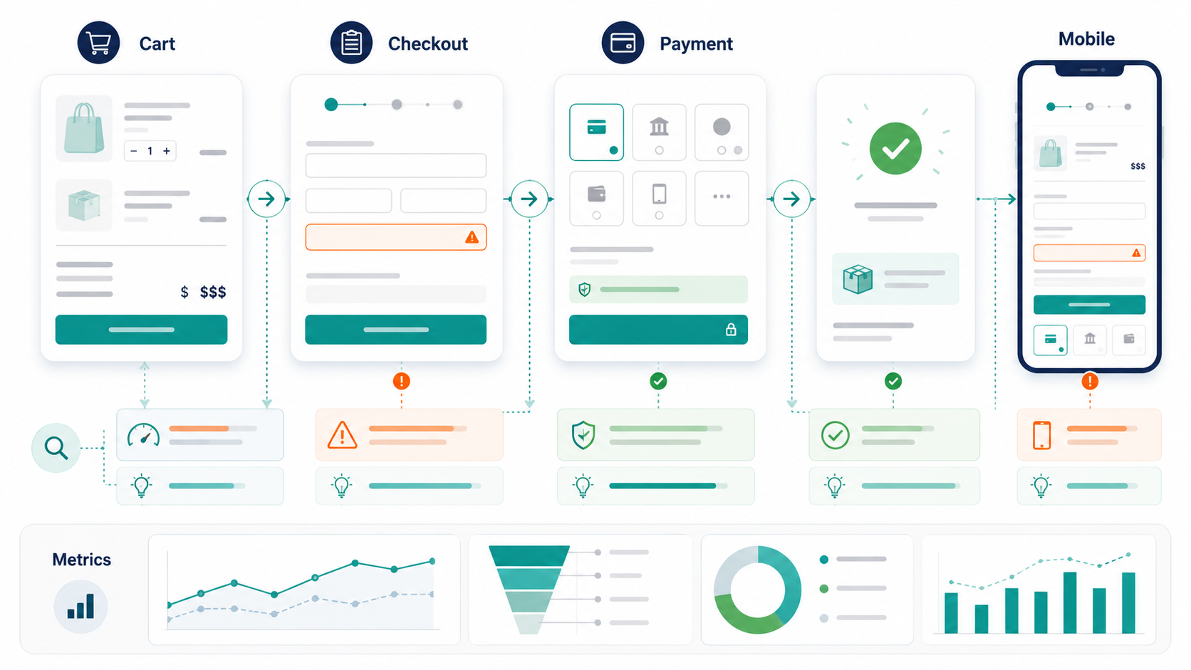Infographic showing cart, checkout, payment, mobile, and metrics checkpoints for eCommerce checkout optimization.