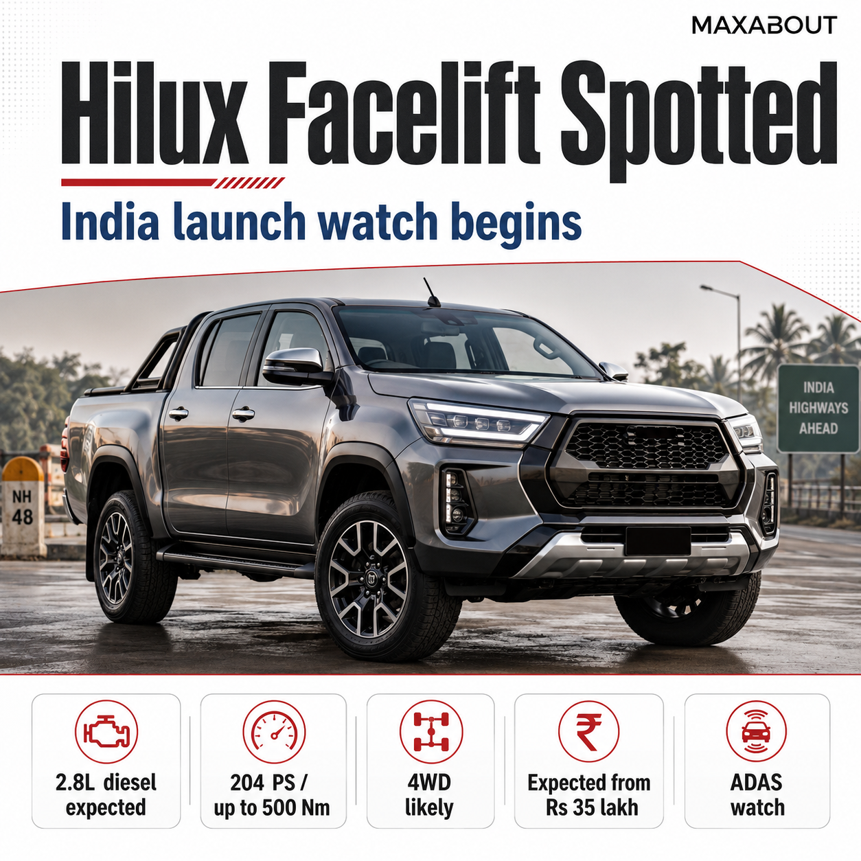 2026 Toyota Hilux facelift expected India specs infographic