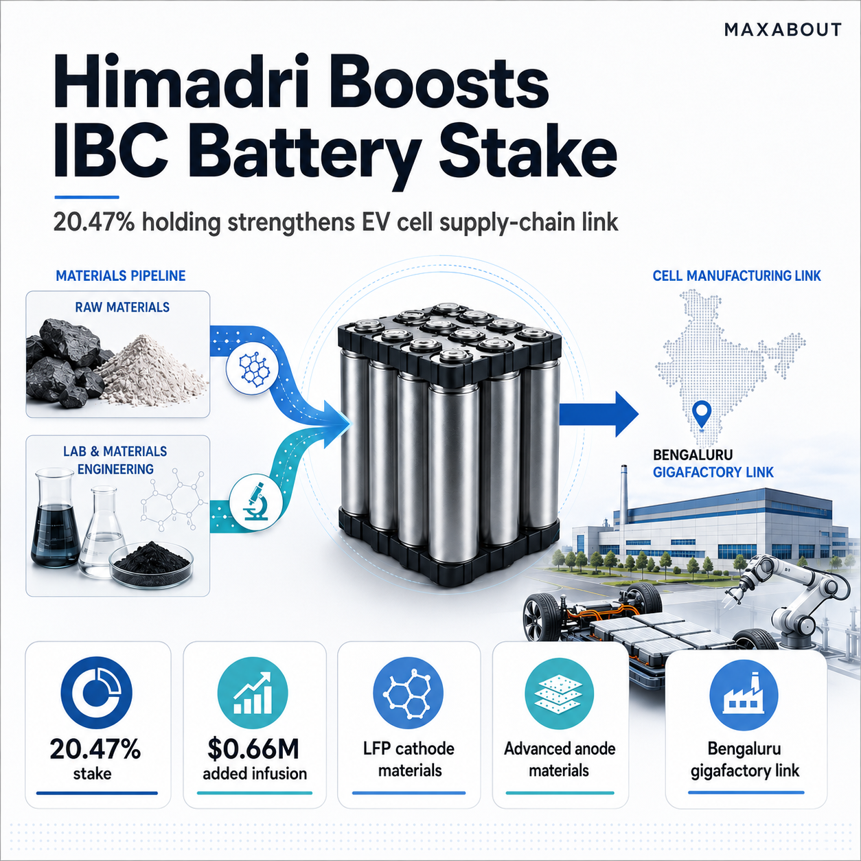 Himadri IBC stake EV battery materials and Bengaluru gigafactory infographic