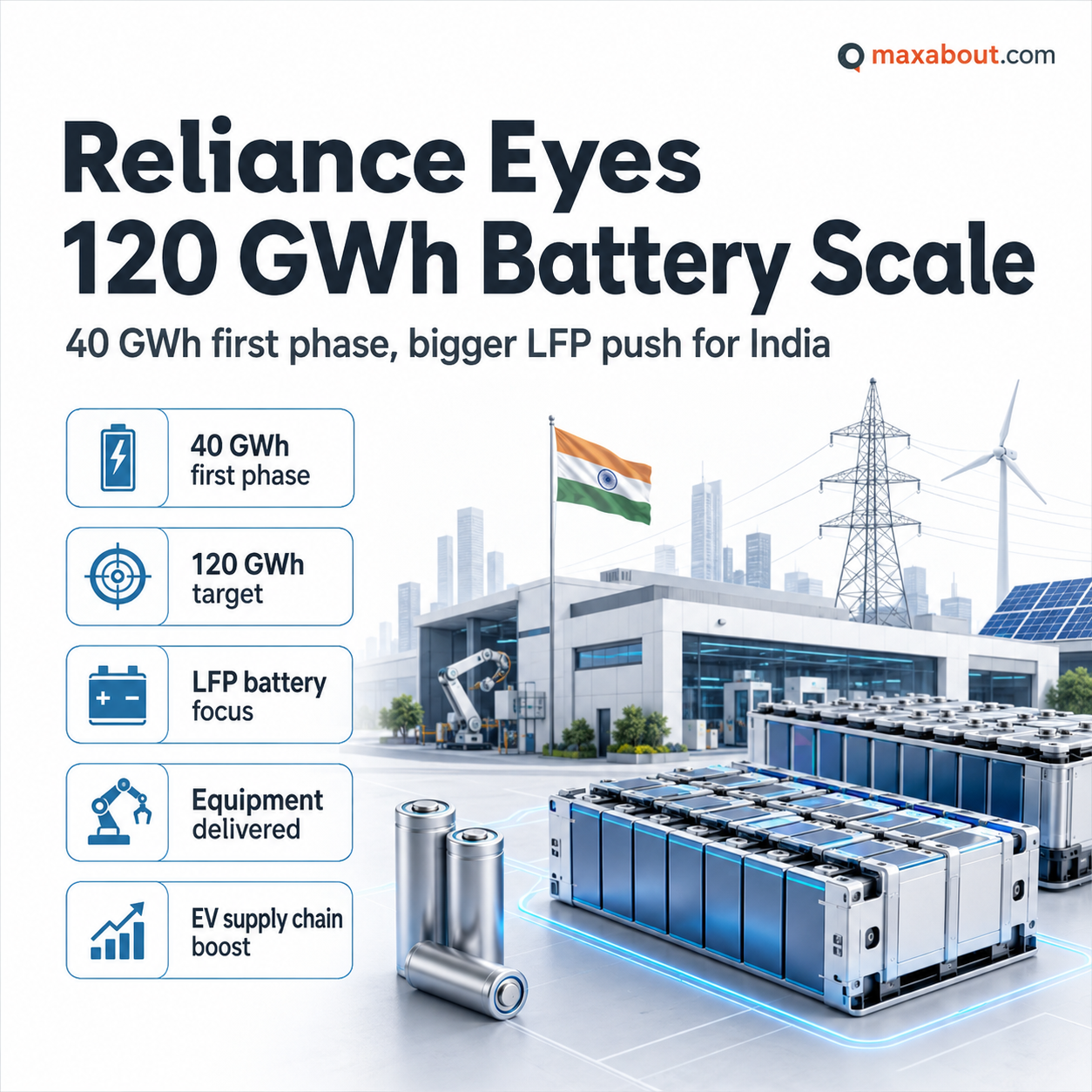 Reliance 40 GWh first phase and 120 GWh battery factory target infographic