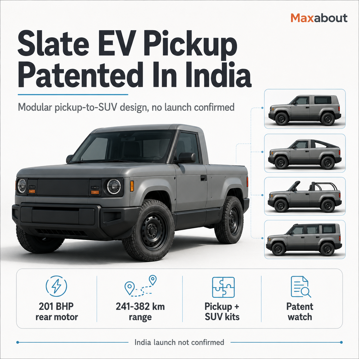 Slate EV pickup patented in India infographic with range and motor details