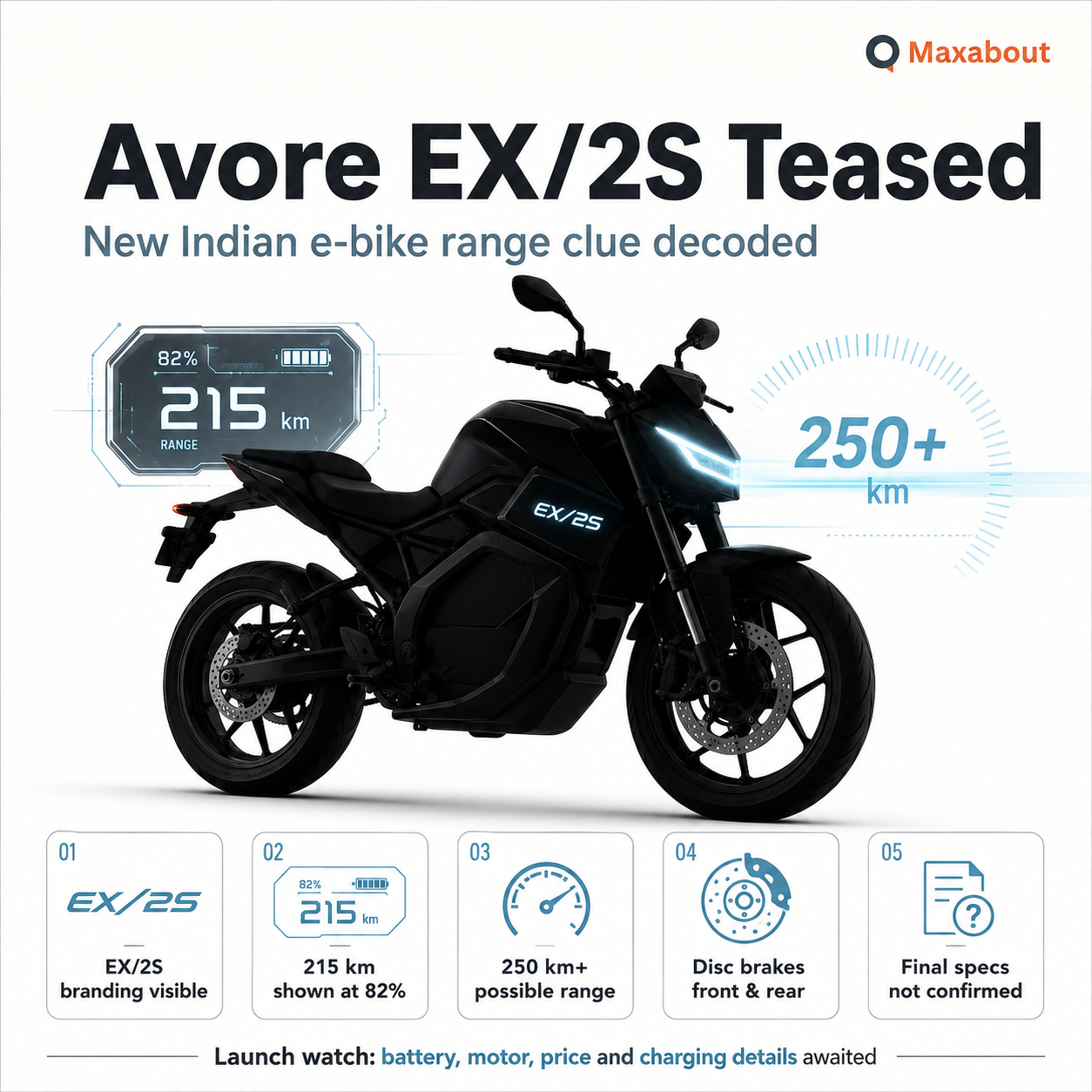 Avore EX/2S electric motorcycle infographic with range clue