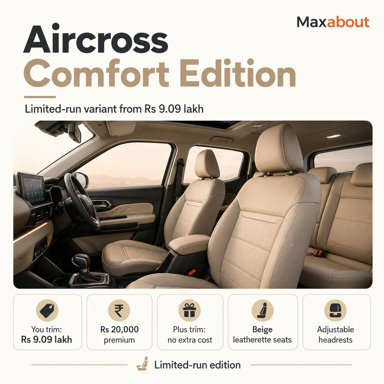 Aircross Comfort Edition infographic showing price and cabin features