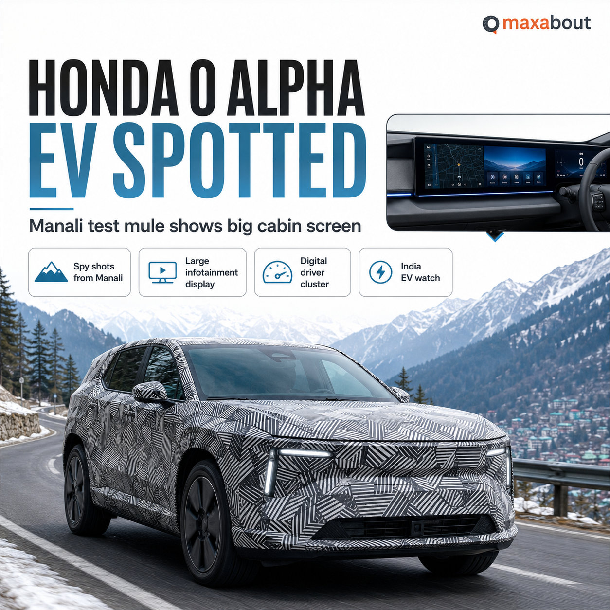 Honda 0 Alpha EV Manali spy shot infotainment screen infographic