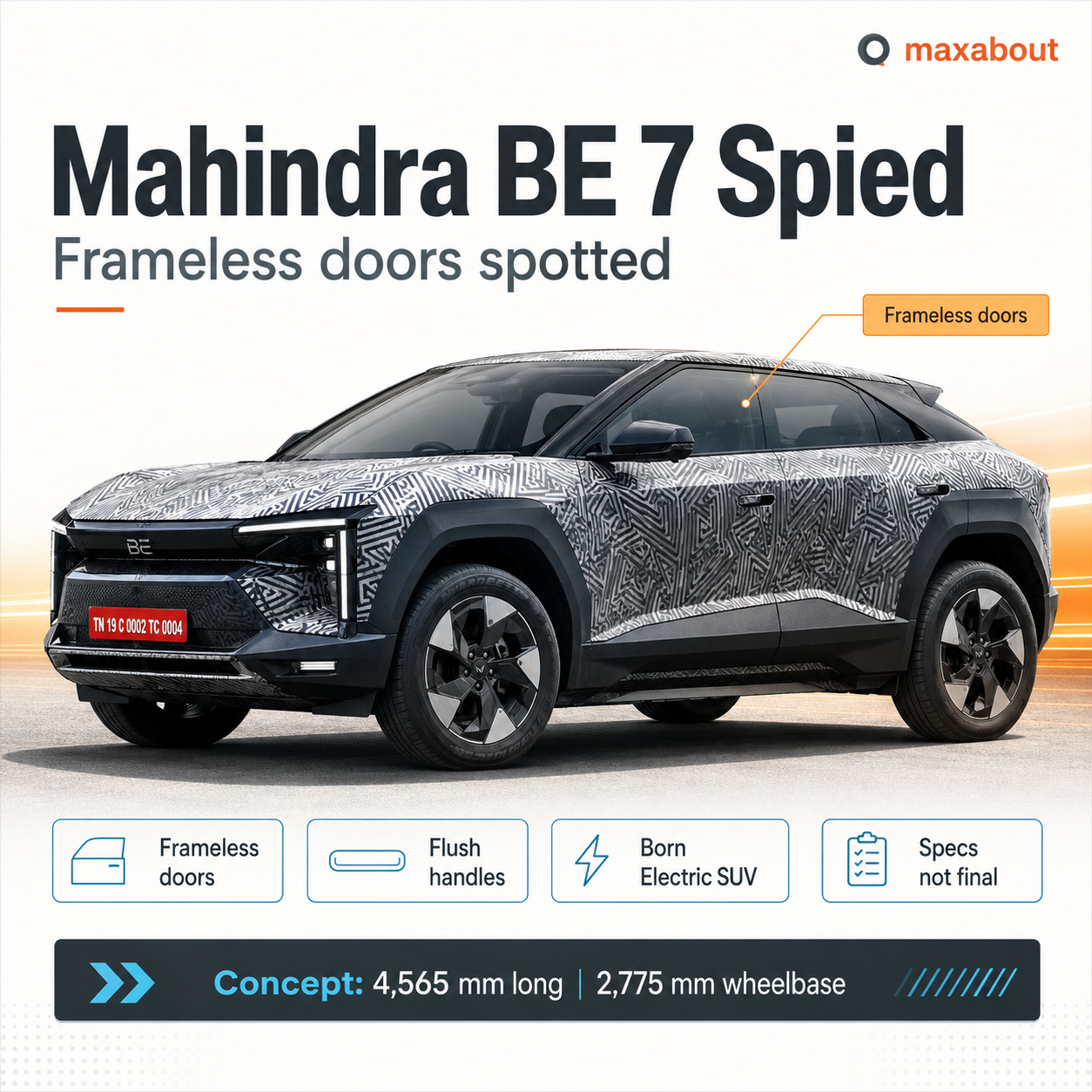 Mahindra BE.07 BE 7 frameless doors infographic