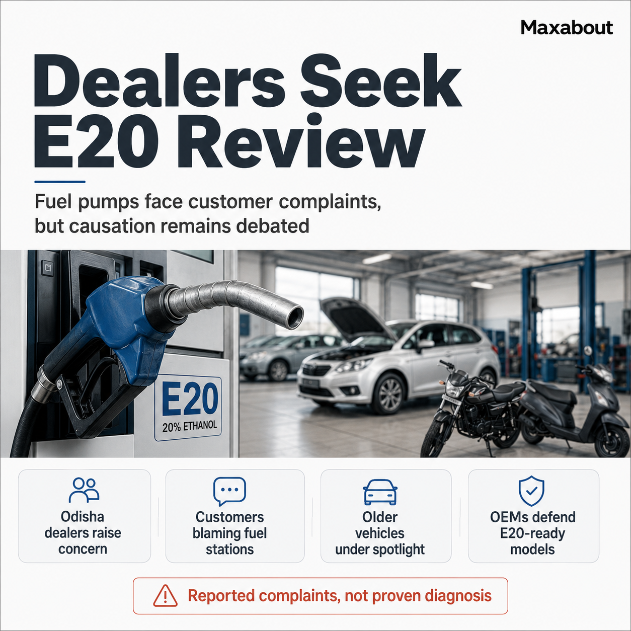 Maxabout infographic explaining E20 petrol dealer complaints in India