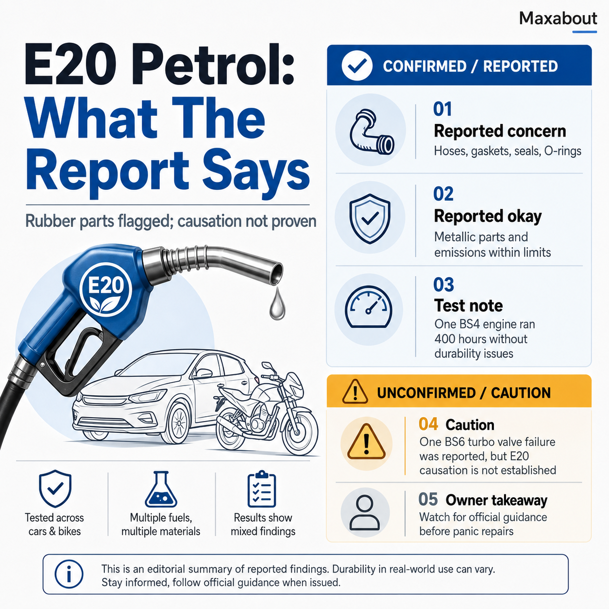 E20 petrol reported durability findings infographic for E10 compatible vehicles