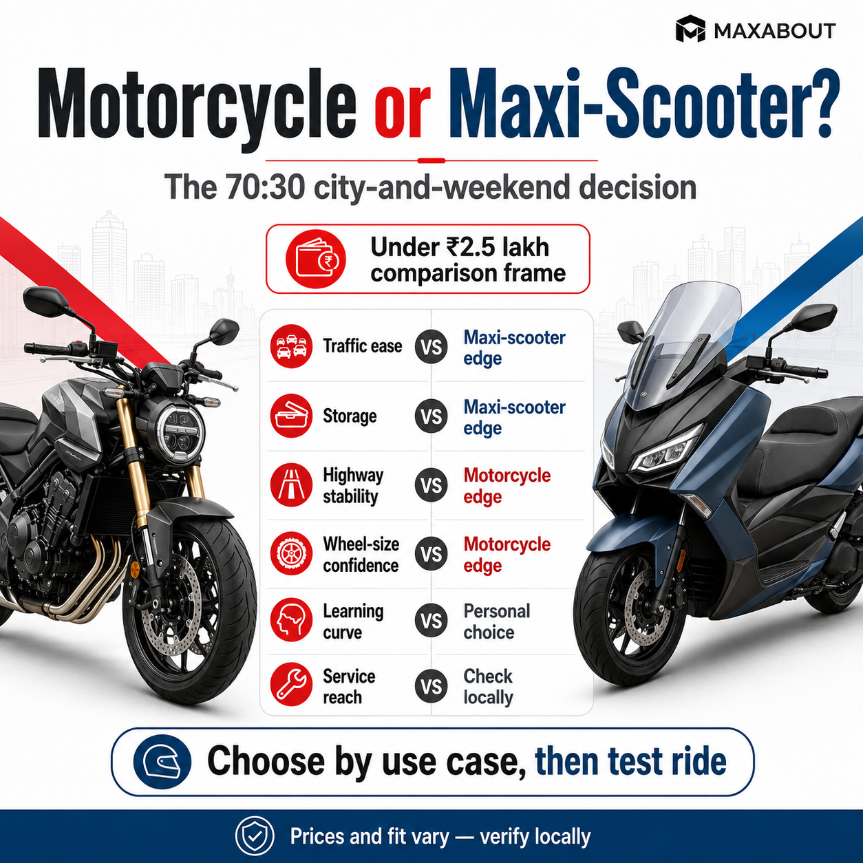 Motorcycle or maxi scooter 70 30 decision infographic