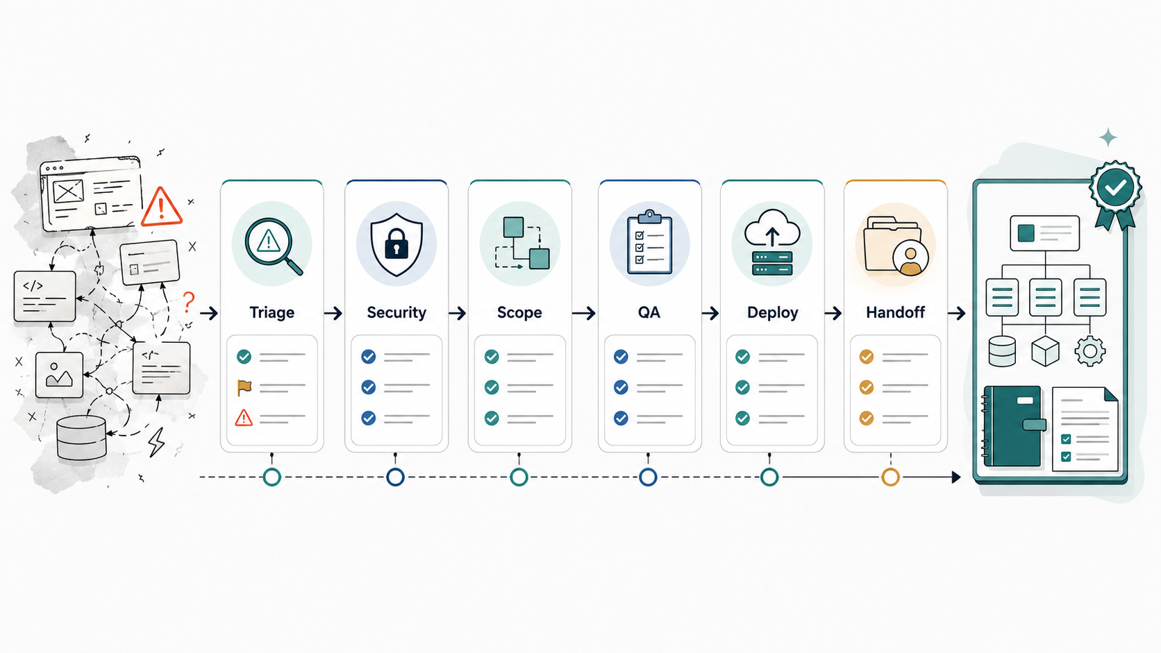 Vibe-coded MVP rescue plan infographic showing triage, security audit, refactor scope, QA gates, deployment readiness, and production handoff