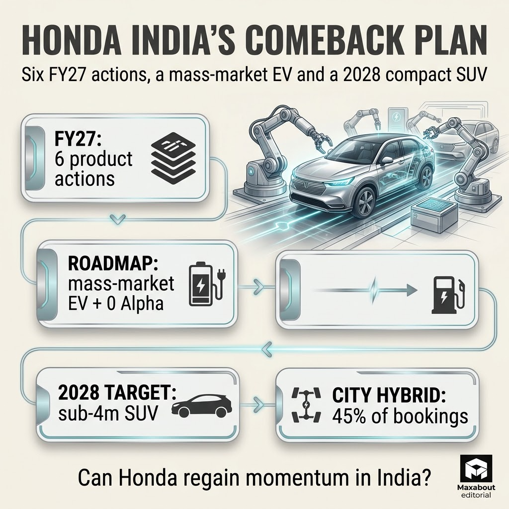 Honda India comeback plan infographic with FY27 EV and hybrid facts