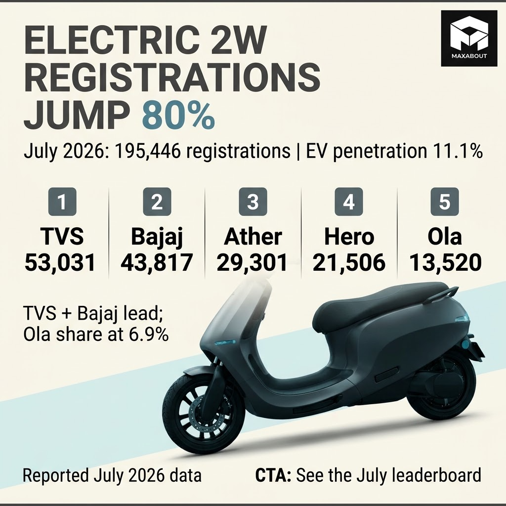 July 2026 electric two-wheeler registration leaderboard infographic