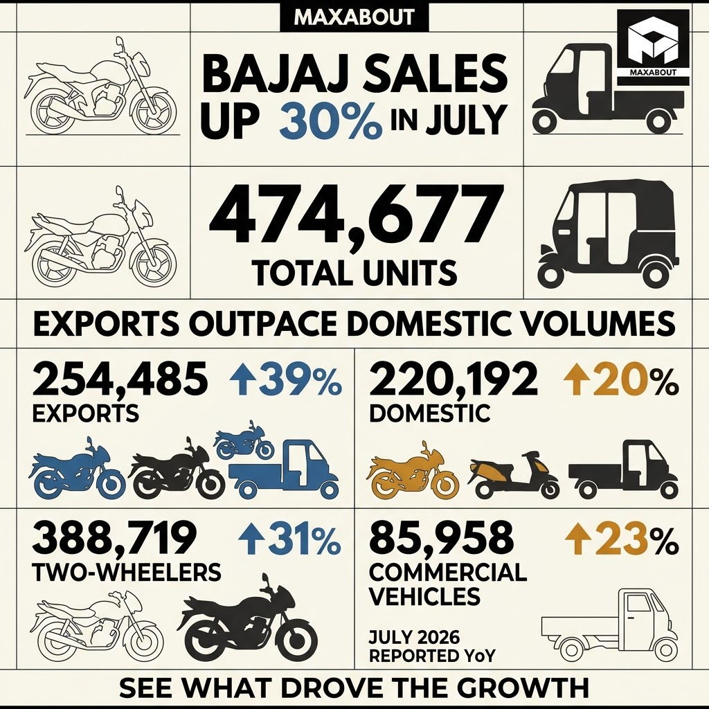Bajaj Auto July 2026 domestic and export sales infographic