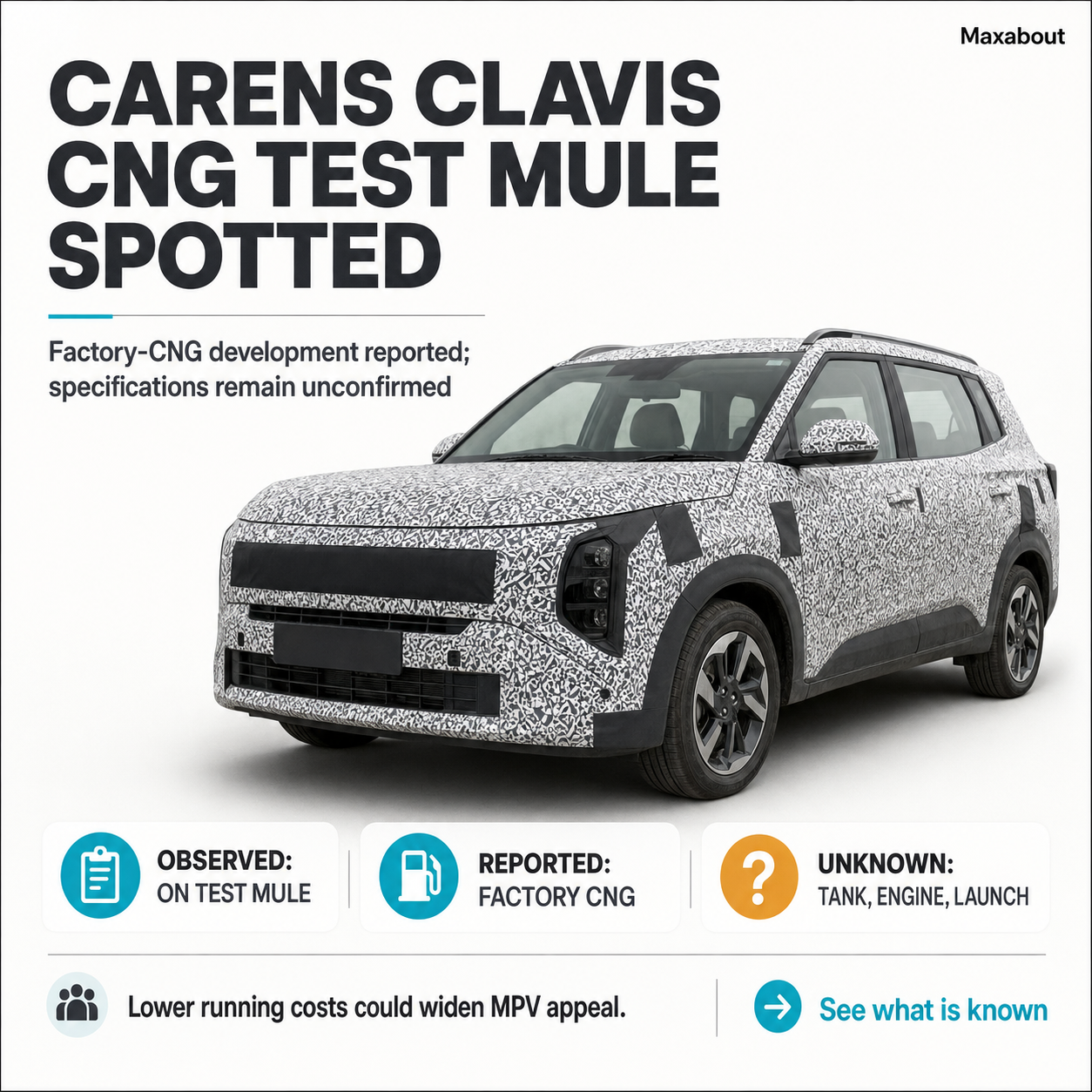 Kia Carens Clavis CNG reported and unknown details infographic