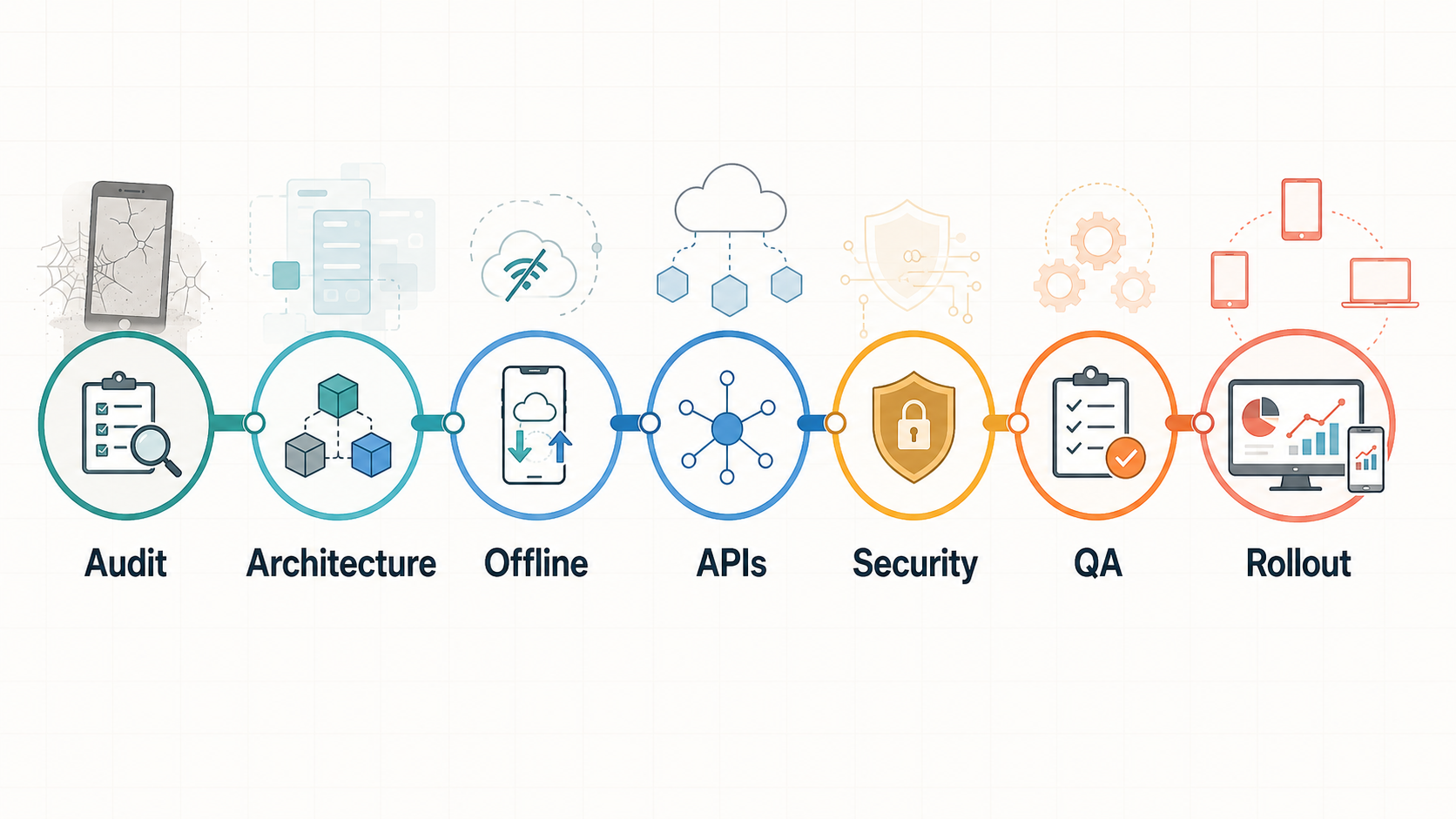 Enterprise mobile app modernization roadmap showing audit architecture offline APIs security QA and rollout stages